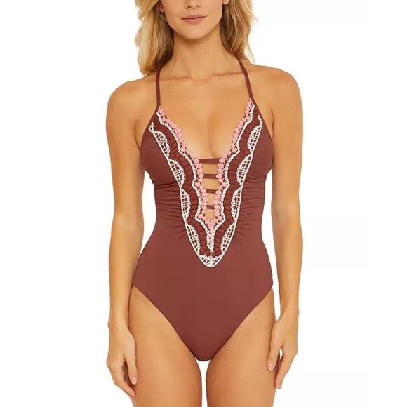 Becca by Rebecca Virtue Other - Becca Delilah Brown Plunge Neck Crochet One Piece Swimsuit Size Small